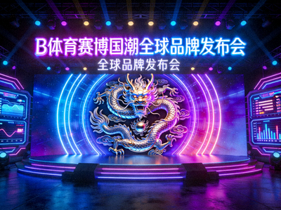 B体育赛博国潮全球品牌发布会盛况 - 传统龙纹与霓虹灯光交织的舞台