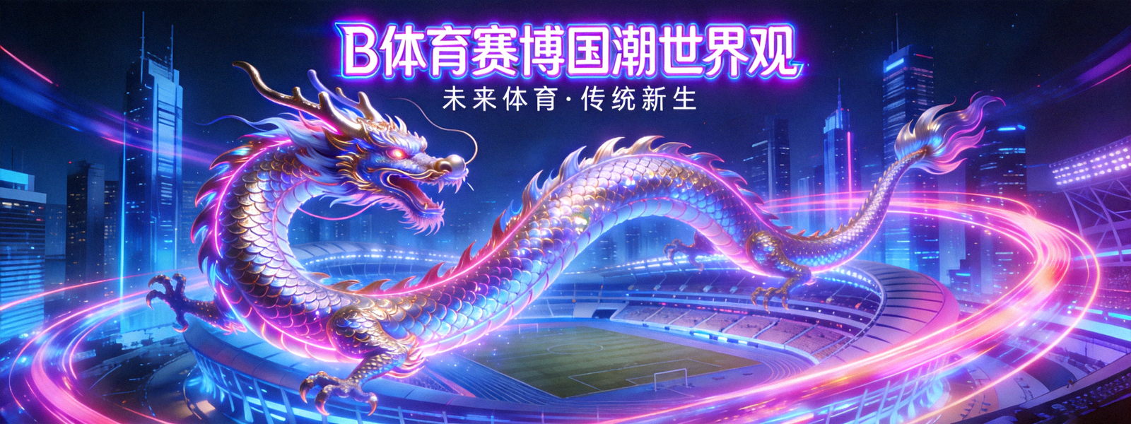 B体育赛博国潮世界观大横幅 - 传统龙纹与霓虹光效融合的未来体育都市