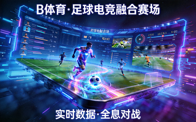 b体育游戏内足球与电子竞技融合场景 - 赛博球场与数字界面交织