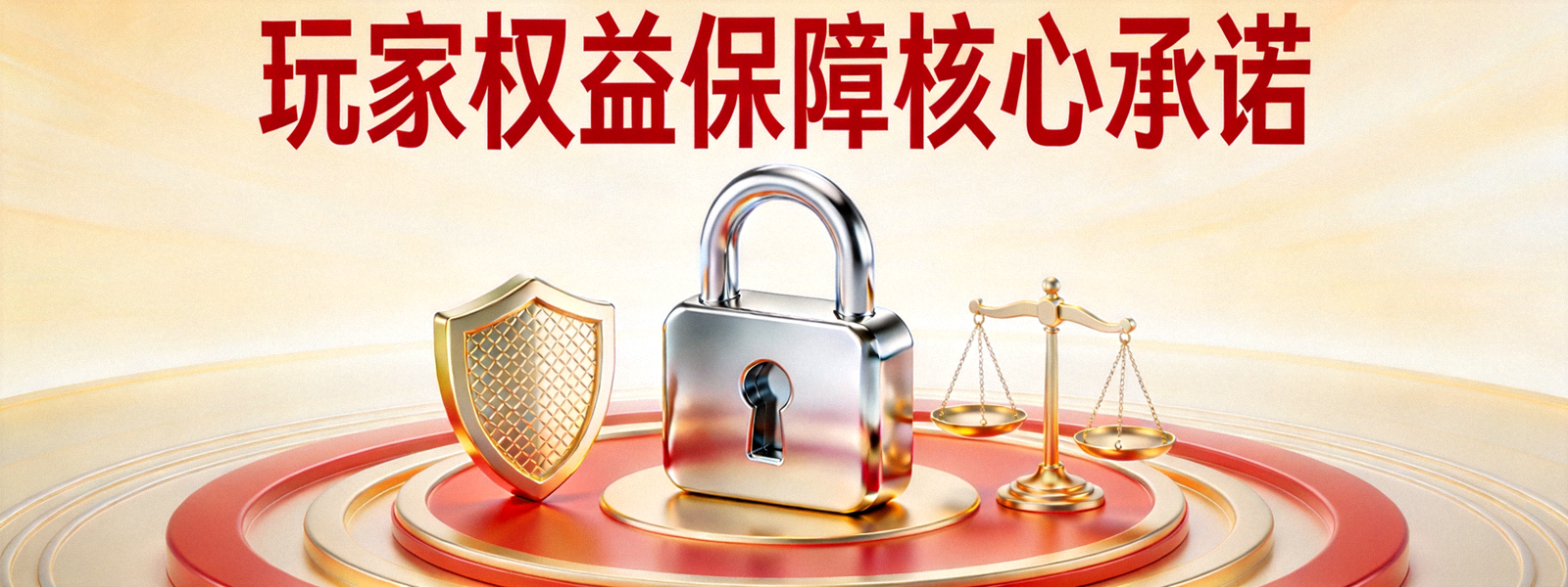玩家权益保障核心承诺横幅 - 安全锁、盾牌与公正天平图标环绕