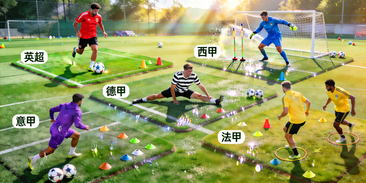 五大联赛争冠球队备战训练场景合成图 - 英超、西甲、德甲、意甲、法甲豪门球员在训练场上挥洒汗水
