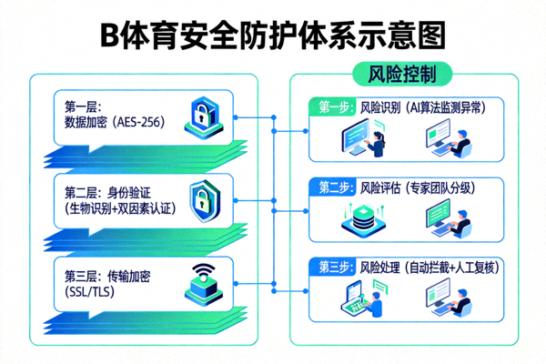B体育安全防护体系示意图，展示多层加密与风险控制流程