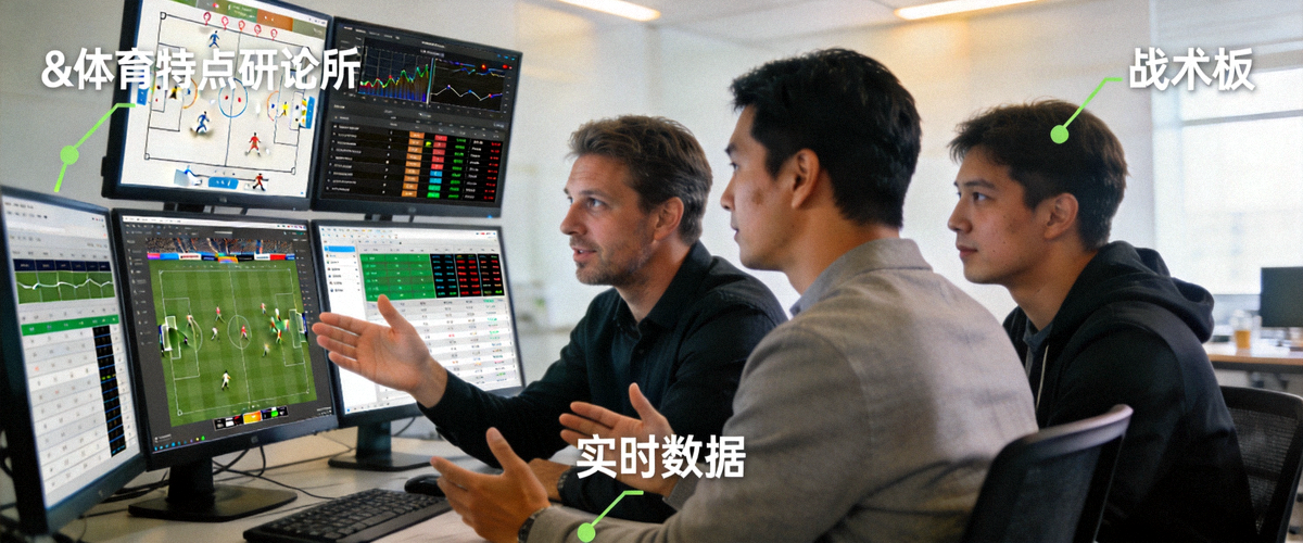 b体育特邀分析师团队正在研究比赛数据，多屏幕显示战术板与数据图表